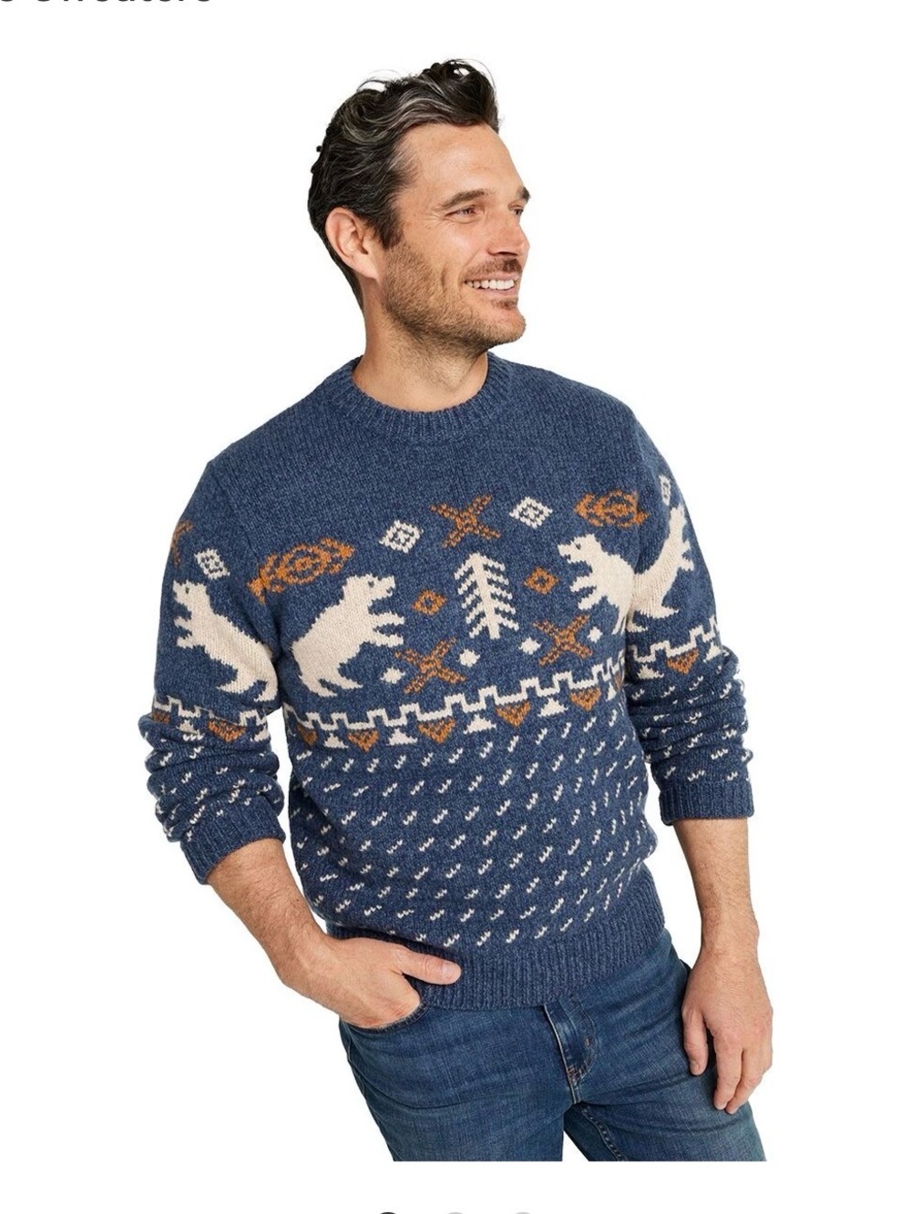 L.L. Bean Blue 100% Lambswool Bear Crewneck Sweater with Cream and Tan Accents L